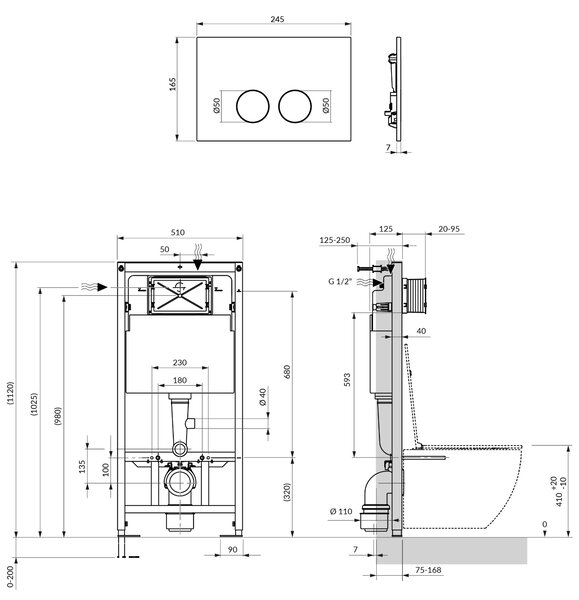 Omnires Eco Flush Set Strongframe + Minimal cadru ascuns cu buton de acționare pentru vas wc suspendat STFWCECO1MRCP