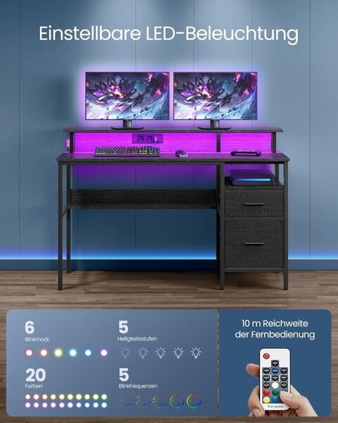 Birou Vasagle Negru, LED, 2 USB-A, 55 x 135 x 90 cm