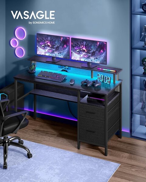 Birou Vasagle Negru, LED, 2 USB-A, 55 x 135 x 90 cm