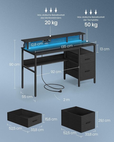 Birou Vasagle Negru, LED, 2 USB-A, 55 x 135 x 90 cm
