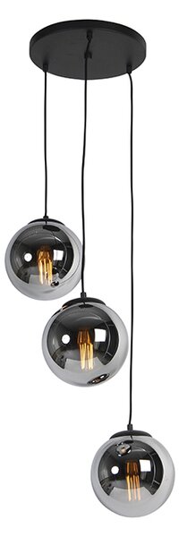 Lampă suspendată Art Deco neagră cu sticlă fumurie cu 3 lumini - Pallon