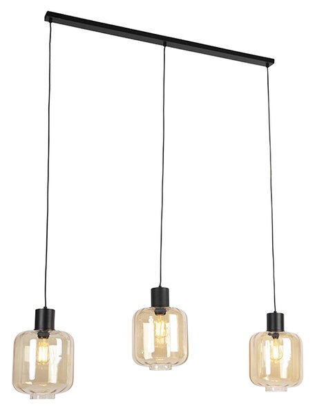 Lampă suspendată design negru cu sticlă chihlimbar 3 lumini 161,5 cm - Qara