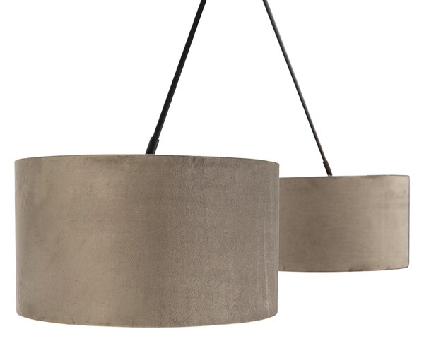 Lampă suspendată neagră cu abajururi din catifea taupe cu auriu 35 cm 2 lumini - Blitz