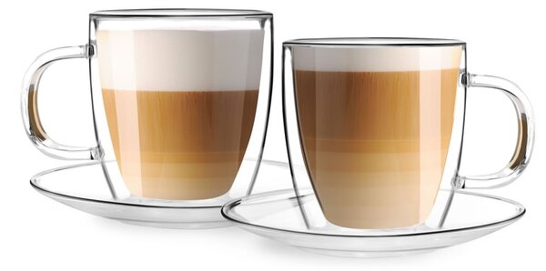 Set 2 pahare din sticlă cu perete dublu și farfurioară Vialli Design, 250 ml