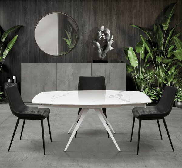 Masă Daisy Rotativă extensibilă, Sticlă ceramică-picior metalic - EFECT MARMURA - 120 cm / 90 cm h 77 cm