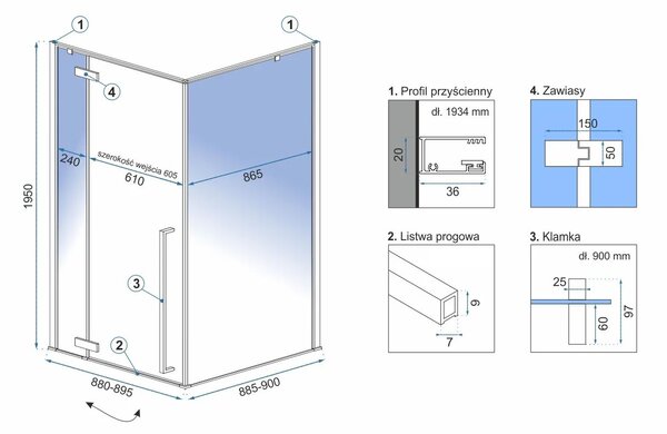 Rea Fargo Gold, cabină de duș cu ușă cu un canat 90 (uşă) x 90 (perete) x 195 cm, sticlă transparentă de 6 mm, profil auriu, REA-K4903