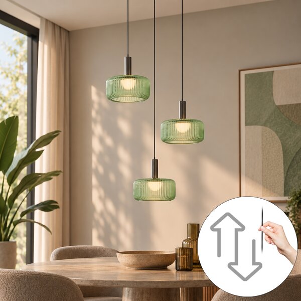 Lampă suspendată de design gunmetal cu sticlă verde, inclusiv LED reglabil în 3 trepte, 3 lumini cu sistem Easylift - Fiera
