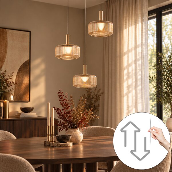 Lampă suspendată de design Fiera, aur rozaliu, cu sticlă chihlimbarie, LED inclus, reglabilă în 3 trepte, 3 lumini, Easylift