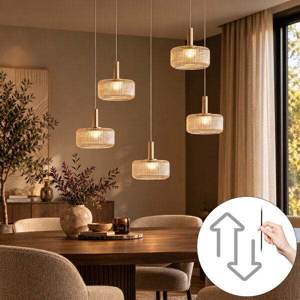Lampă suspendată de design auriu roz cu sticlă chihlimbarie, inclusiv LED reglabil în 3 trepte, cu 5 lumini Easylift - Fiera
