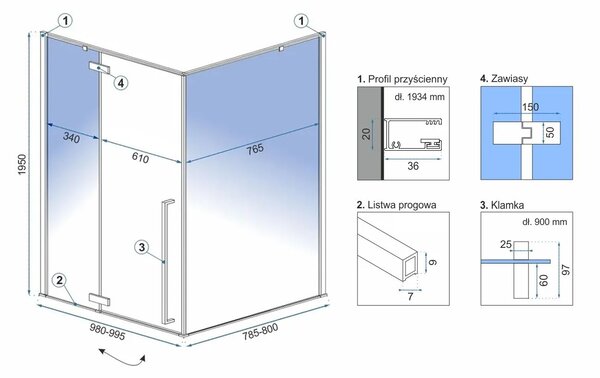 Rea Fargo Gold, cabină de duș cu ușă cu un canat 100 (uşă) x 80 (perete) x 195 cm, sticlă transparentă de 6 mm, profil auriu, REA-K4907