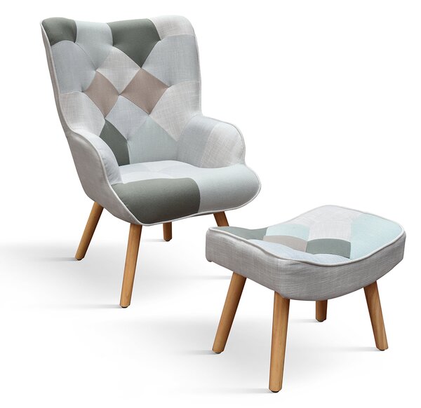 Fotoliu Patchwork, structura metalica, tesatura multicolora - ALBASTRU DESCHIS