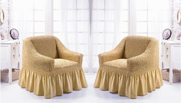 Set 2 huse elastice si creponate pentru fotolii, cu volanas, culoare Bej Inchis