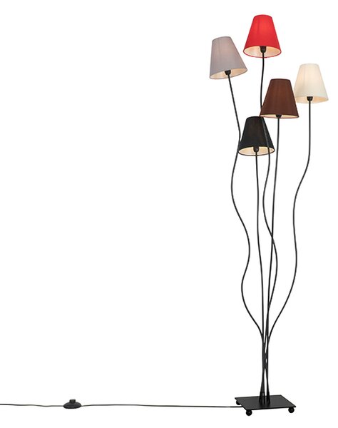 Lampă de podea design negru cu nuanțe de țesătură cu 5 lumini - Melis