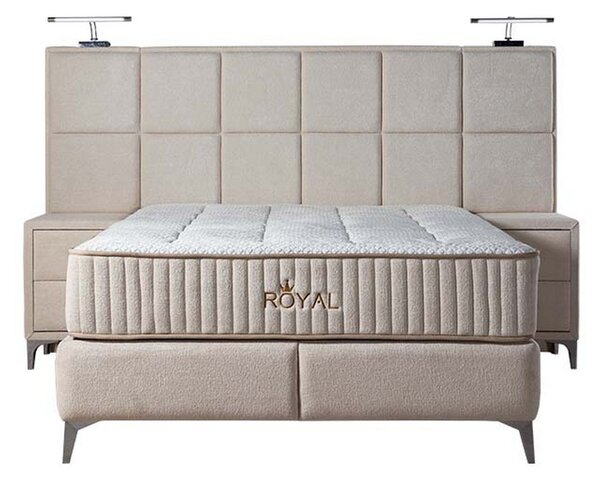 Pat ROYAL 160x200, stofa catifelata crem - Luna 21, cu somiera si spatiu depozitare