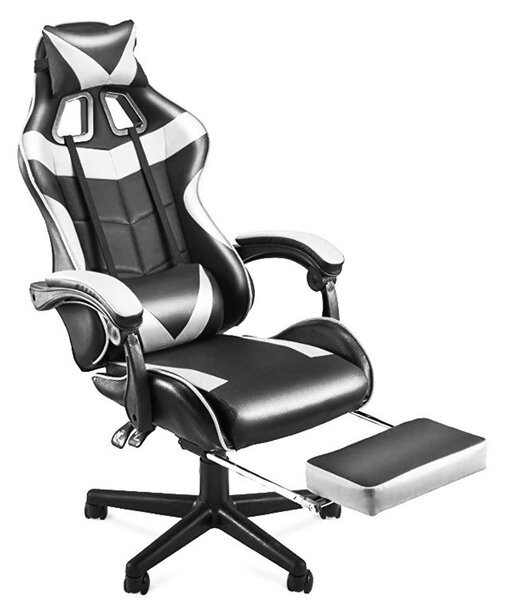 OC55 Scaun gaming ergonomic, scaun de birou rotativ cu suport picioare alb