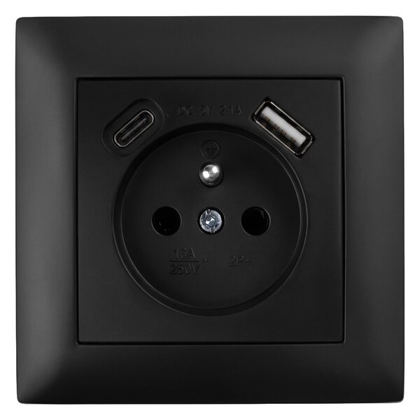 Priză simplă cu împământare + USB-A USB-C OSTE JNH004-G Black