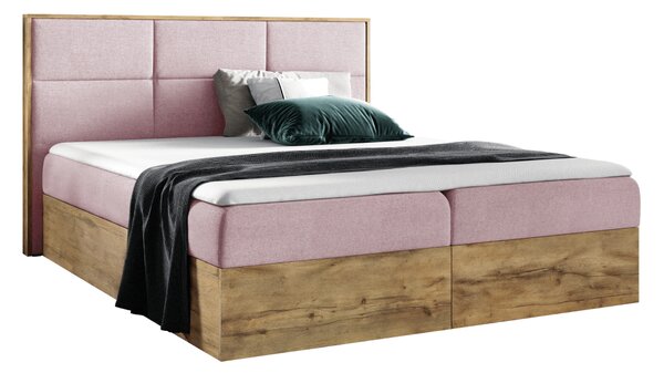 KONDELA Pat Boxspring, 200x200, ţesătură roz Kronos/stejar lancelot, WOOD 2