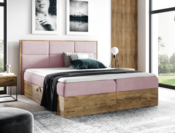 KONDELA Pat Boxspring, 200x200, ţesătură roz Kronos/stejar lancelot, WOOD 2