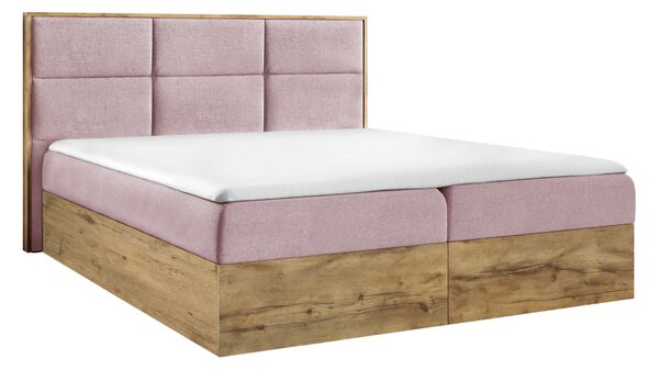 KONDELA Pat Boxspring, 200x200, ţesătură roz Kronos/stejar lancelot, WOOD 2