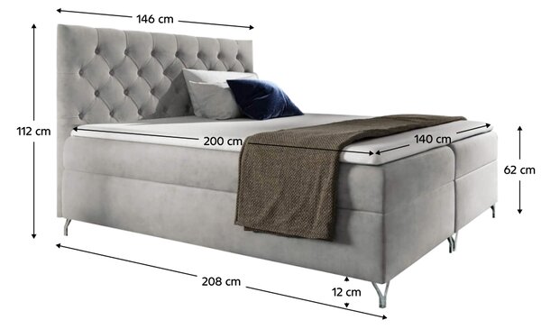 KONDELA Pat cu boxspring, 140x200, ţesătură gri deschis Velvet, GULIETTE + cadou