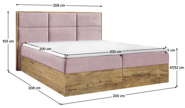 KONDELA Pat Boxspring, 200x200, ţesătură roz Kronos/stejar lancelot, WOOD 2