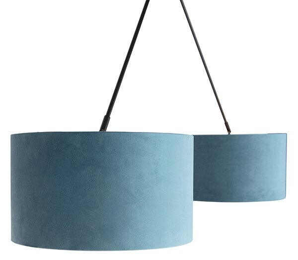 Lampa suspendată neagră cu abajururi de catifea albastru și auriu 35 cm cu 2 lumini - Blitz