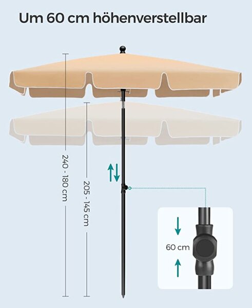 Umbrela de soare, Songmics, 30 grade, 1,8 x 1,25 m, UPF 50+, Bej