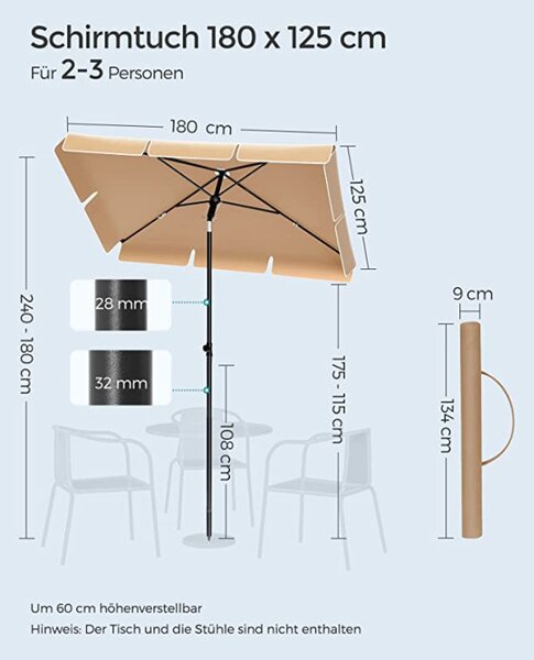 Umbrela de soare, Songmics, 30 grade, 1,8 x 1,25 m, UPF 50+, Bej