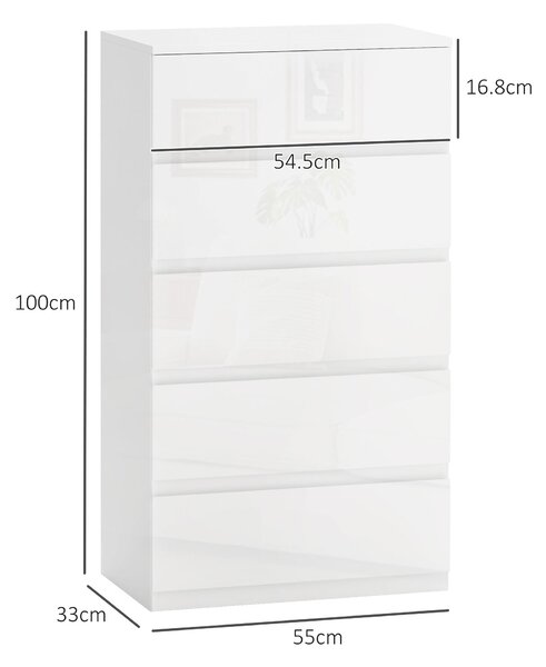 HOMCOM Comodă, Modernă și Anti-răsturnare, Dulap de Depozitare cu 5 Sertare din Pal Melaminat, 55x33x100 cm, Alb Lucios | Aosom Romania
