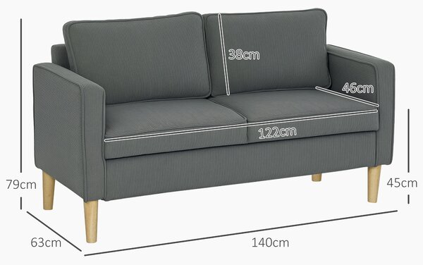 HOMCOM Canapea Modernă de 2 Locuri cu 2 Perne Detașabile, Spațiu de Depozitare și Picioare din Lemn, 140x63x79 cm, Gri | Aosom Romania