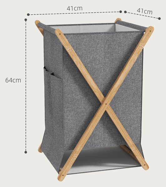 HOMCOM Coș Pliabil pentru Rufe 55L din Material Textil și Cadru din Bambus pentru Cameră și Spălătorie, 41x41x64 cm, Gri | Aosom Romania