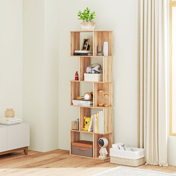 HOMCOM Bibliotecă cu 5 Rafturi Separate cu Spațiu de Economisire în Formă de S din Lemn, 60x24x184,5 cm, Lemn Natural | Aosom Romania
