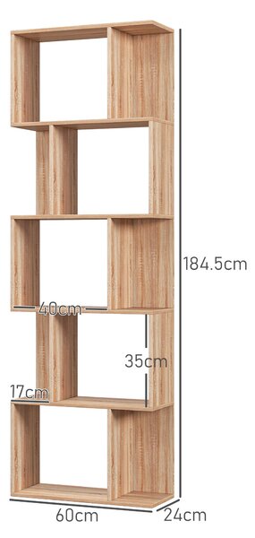 HOMCOM Bibliotecă cu 5 Rafturi Separate cu Spațiu de Economisire în Formă de S din Lemn, 60x24x184,5 cm, Lemn Natural | Aosom Romania