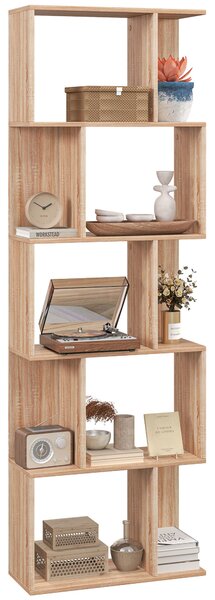HOMCOM Bibliotecă cu 5 Rafturi Separate cu Spațiu de Economisire în Formă de S din Lemn, 60x24x184,5 cm, Lemn Natural | Aosom Romania