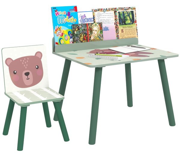 AIYAPLAY Set Masă și Scaun pentru Copii cu Raft pentru Depozitare din MDF și Lemn de Pin, 60x48x53.5 cm, Verde | Aosom Romania