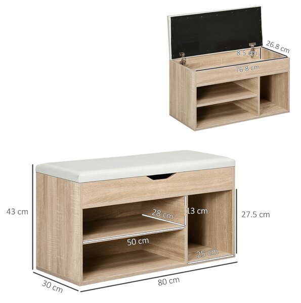 HOMCOM Bancă pentru Pantofi cu 3 Compartimente, Spațiu Ascuns și Șezut din Piele PU, 80x30x43 cm, Lemn Natural | Aosom Romania