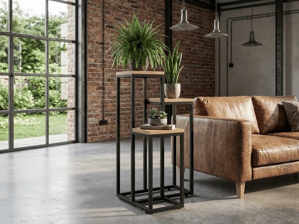 Suport pentru flori LORAN cu 3 rafturi, decor stejar/negru