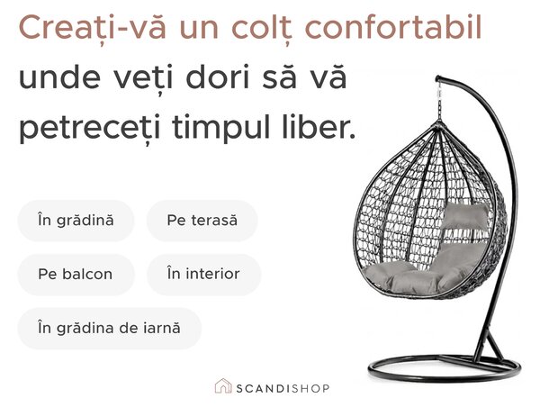 Scaun suspendat gri KOKON fara suport, perna verde deschis cu model
