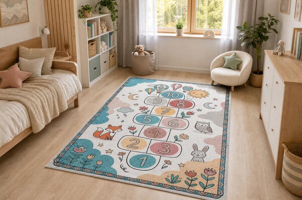 BAMBINO 61440 covor lavabil Grădină hopscotch, baloane, numere pentru copii anti-alunecare - crem / verde