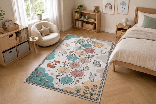 BAMBINO 61440 covor lavabil Grădină hopscotch, baloane, numere pentru copii anti-alunecare - crem / verde