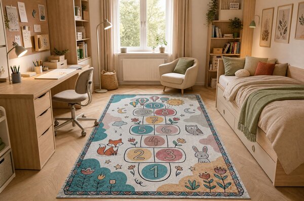 BAMBINO 61440 covor lavabil Grădină hopscotch, baloane, numere pentru copii anti-alunecare - crem / verde