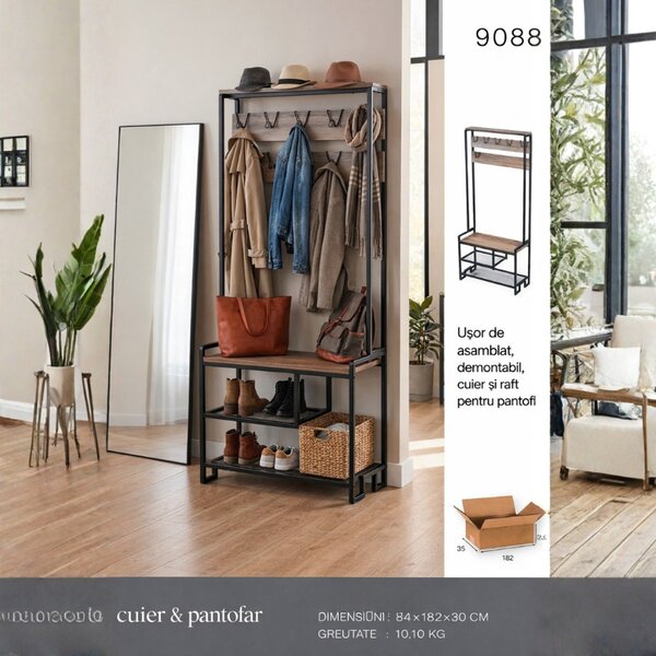 Cuier pentru hol cu pantofar si suport pentru haine, structura metalica si rafturi din lemn, dimensiuni 182x84x30 cm