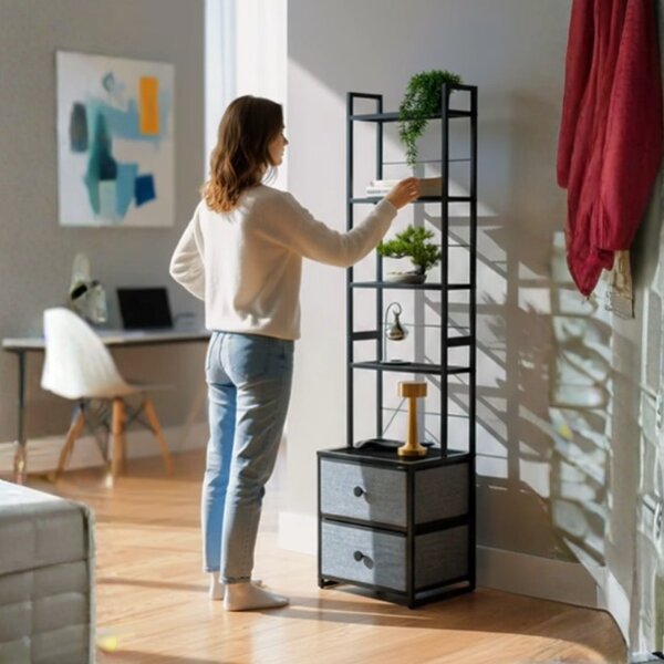 Etajera Multifunctinala Slim 9109 , Biblioteca Verticala cu 5 Rafturi si 2 Sertare din Textil, Stil Industrial