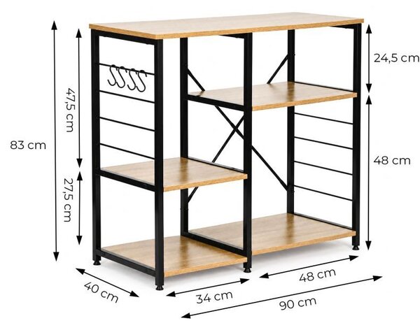 Raftură metalică cu rafturi din MDF și cârlige