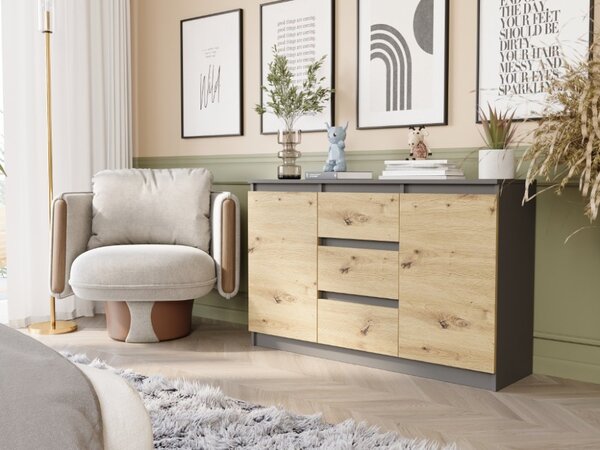 Comoda R-120-S3 cu 3 sertare și o ușă – diverse opțiuni de culoare artisan mix alb