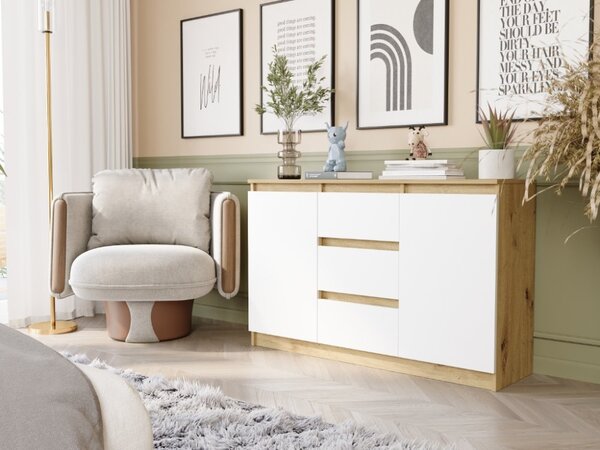 Comoda R-120-S3 cu 3 sertare și o ușă – diverse opțiuni de culoare artisan mix alb