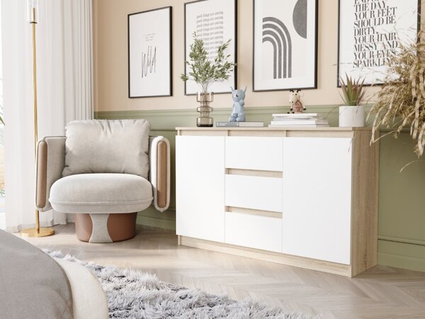 Comoda R-120-S3 cu 3 sertare și o ușă – diverse opțiuni de culoare artisan mix alb
