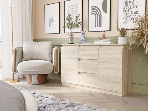 Comoda R-120-S3 cu 3 sertare și o ușă – diverse opțiuni de culoare artisan mix alb