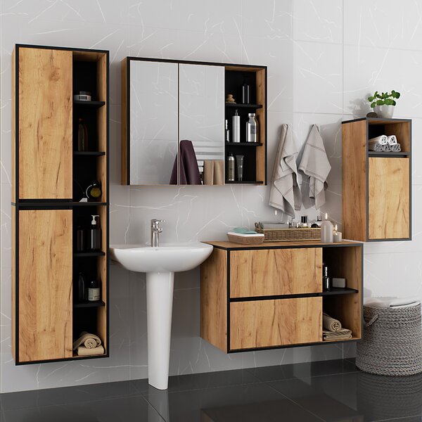 Set mobilier baie Vambos standard (stejar artizanal + negru). Promo -19%. 1152119