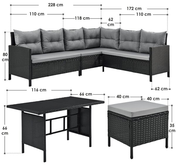 Juskys Set de grădină din ratan Manacor - negru/perne gri